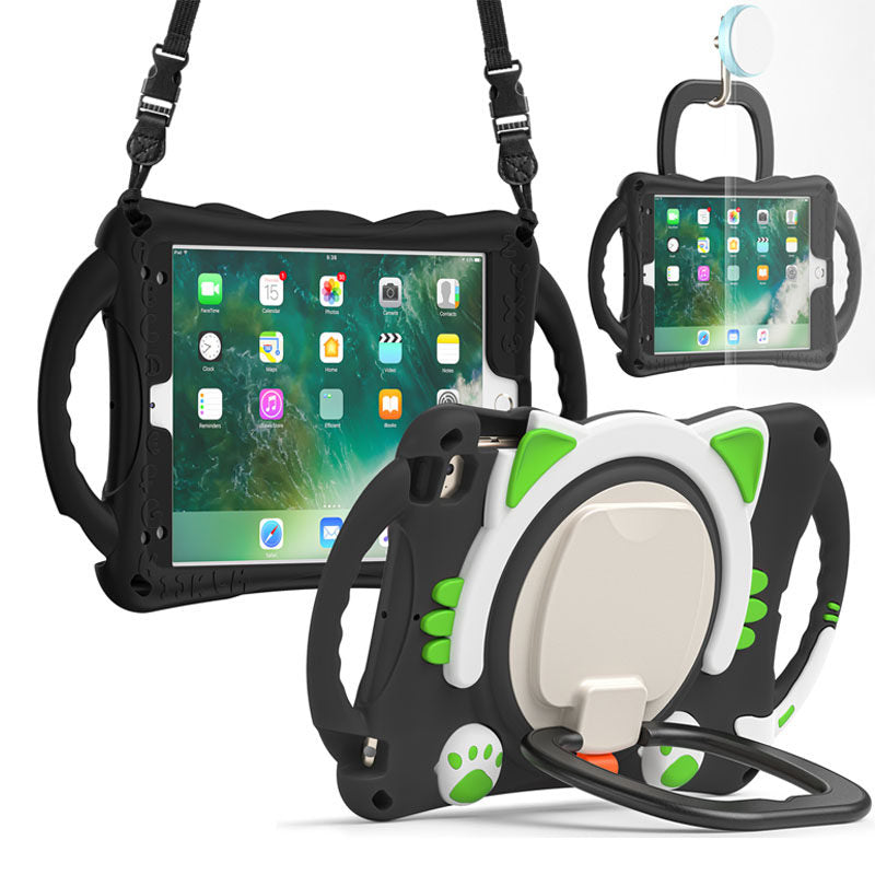 CatB Silicone Case For iPad Mini 5 4 3 2 1 Shockproof Shoulder Strap Handle Stand-Black Green