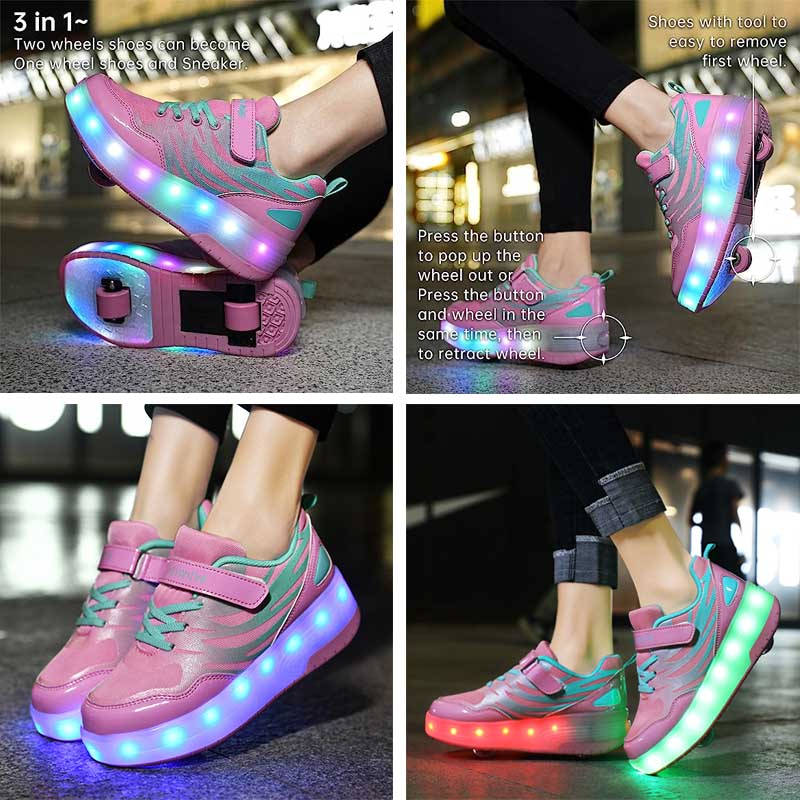 Kids Roller Skates Light up Shoes Sport Sneaker USB Chargable-Pink