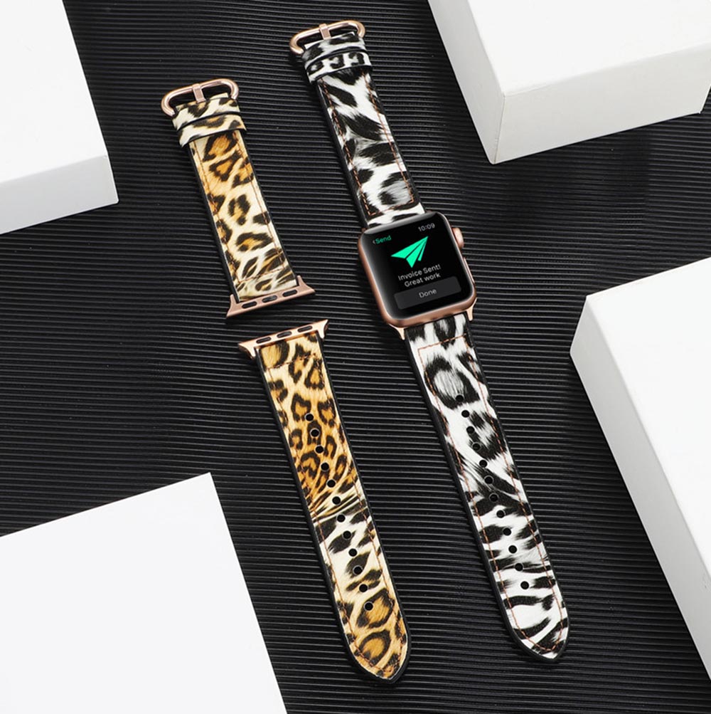 Fluorescent Leopard PU Leather Watch Band Microfiber Design For Apple Watch SE/6/5/4/3/2/1(Silver)