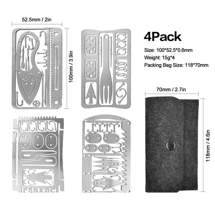 4Pcs Survival Gear Credit Card Multi Tool Camping Multipurpose EDC Multitool-Silver