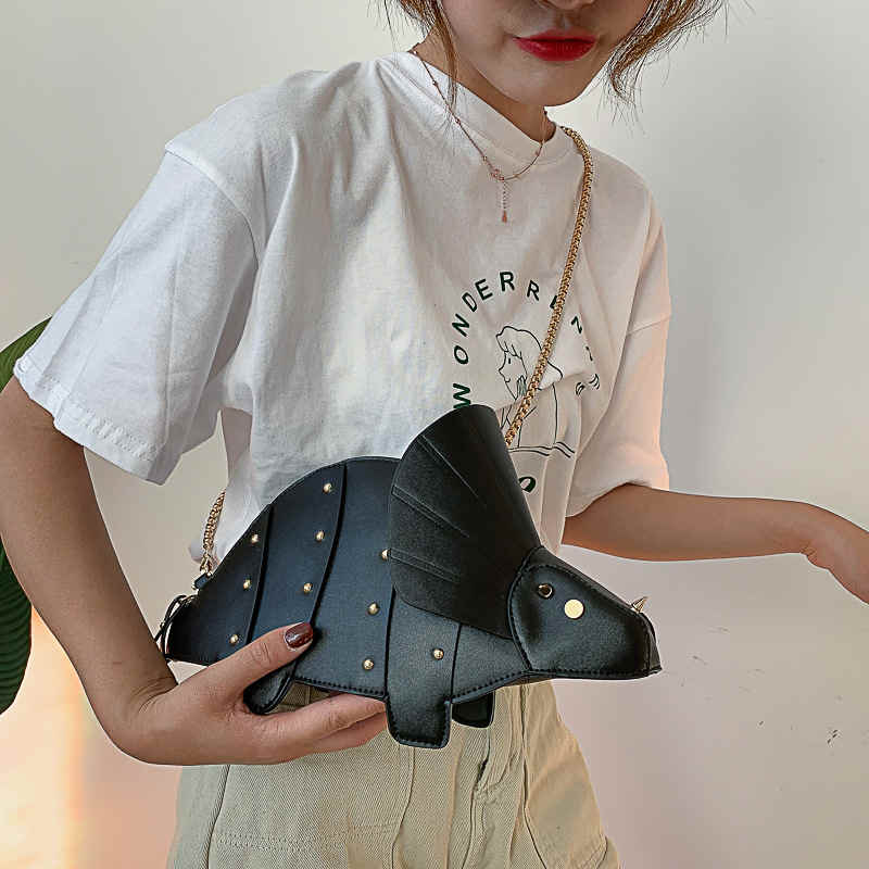 Dinosaur Shape Crossbody Shoulder Bag Women Pu Leather Rivet Chic Clutch-Black
