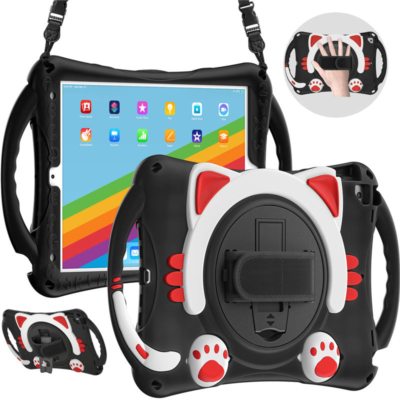 CatA iPad Silicone Case For iPad 10.2 Air10.5 Pro10.5 Built-in Handle Stand With a Strap-Black Red