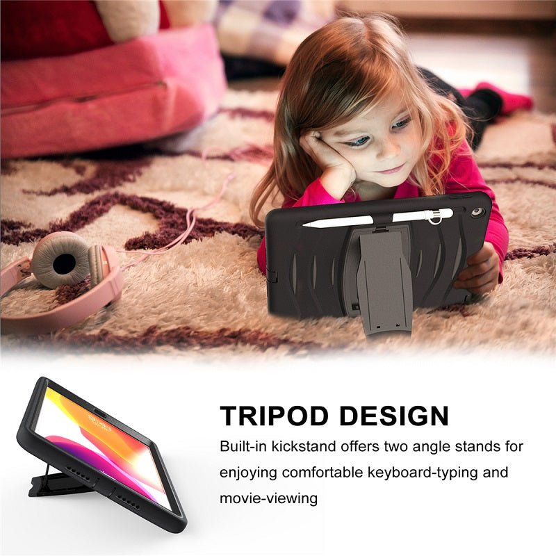 Shock Wave Kickstand Case Anti-Fall Protection With Pencil Holder+Cap For New iPad 7 10.2inch(2019)-Black