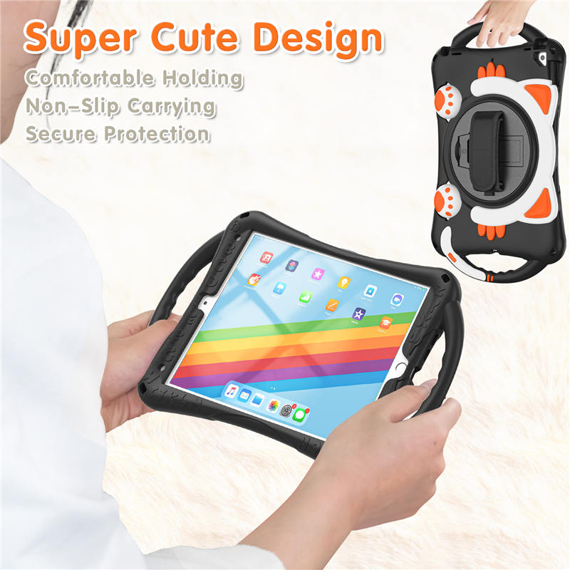CatA iPad Silicone Case For iPad 10.2 Air10.5 Pro10.5 Built-in Handle Stand With a Strap-Black Orange