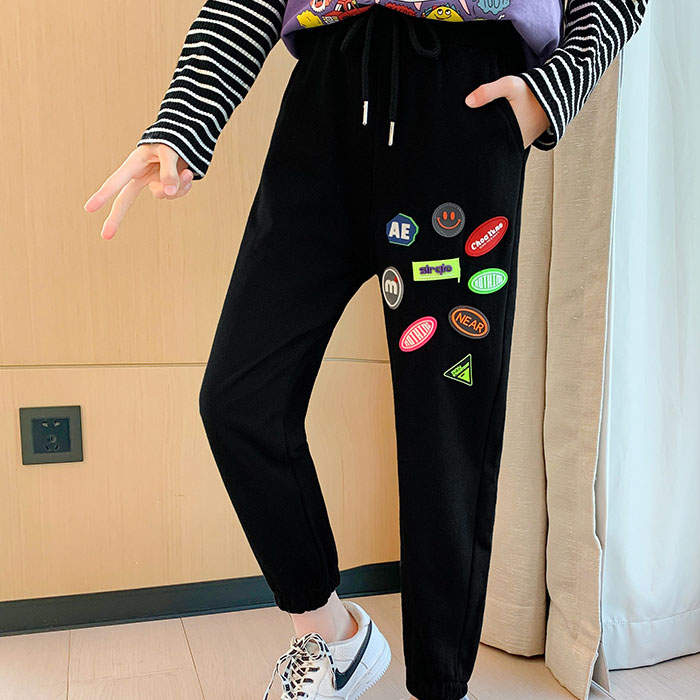 Girls Joggers Long Pants Pockets Outdoor Casual Trousers with Drawstring Icon-Black