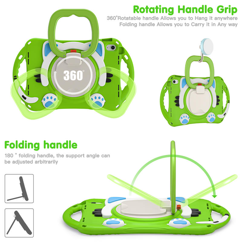 Cat Tablet Case For iPad 10th Kids Friendly with Handle Stand-Green