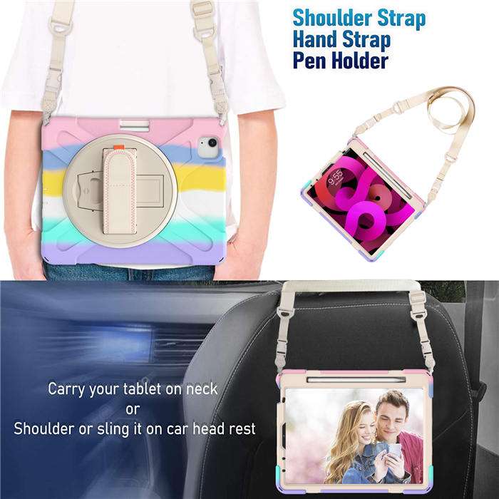 iPad Case With Pencil Stand+Rotating Stand+Shoulder Strap For iPad 10.9 inch Air4-Pink