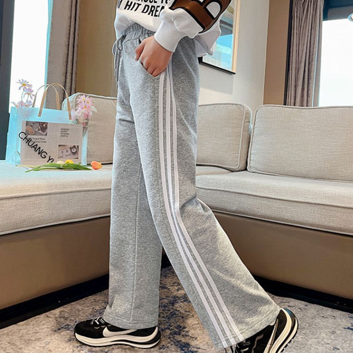 Girls Joggers Long Pants Pockets Outdoor Casual Trousers with Drawstring White Strips-Gray