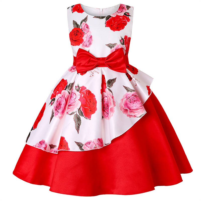 Girls Sleeveless Dresses Flower Girl Wedding Dress Elegant Floral Dress-Red