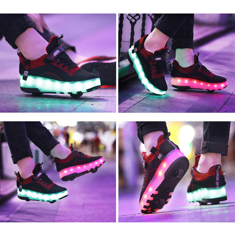Children Double Wheels Roller Skate Shoes LED Lamp Sneakers-Black