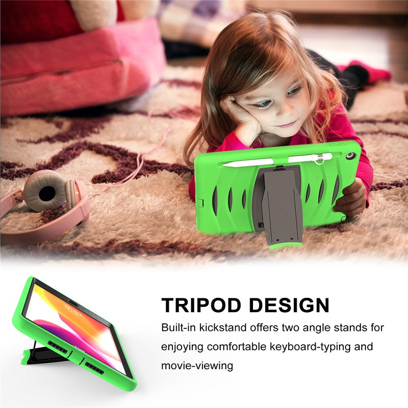 Shock Wave Kickstand Case Anti-Fall Protection With Pencil Holder+Cap For New iPad 7 10.2inch(2019)-Green
