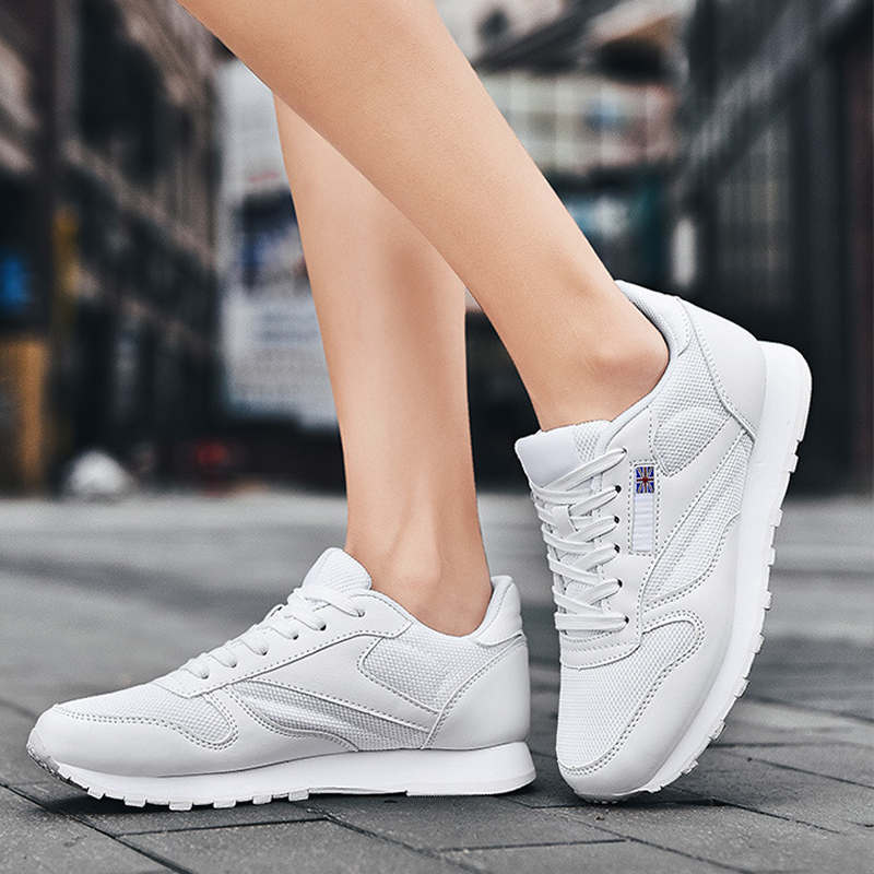 Couples Leather and Mesh Sneakers Lace up Lightweight Cushioned Sport Shoes-White