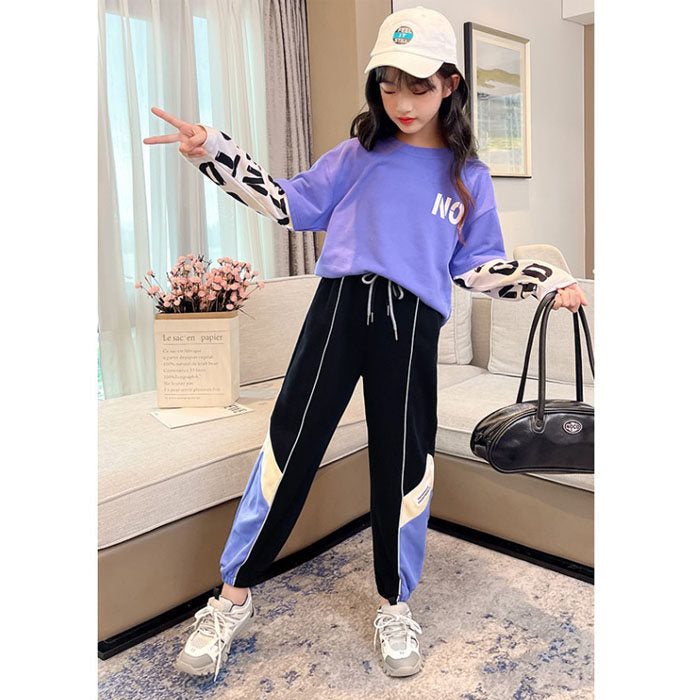 Girls Joggers Long Pants Pockets Outdoor Casual Trousers with Drawstring Three-color Stitching-Black