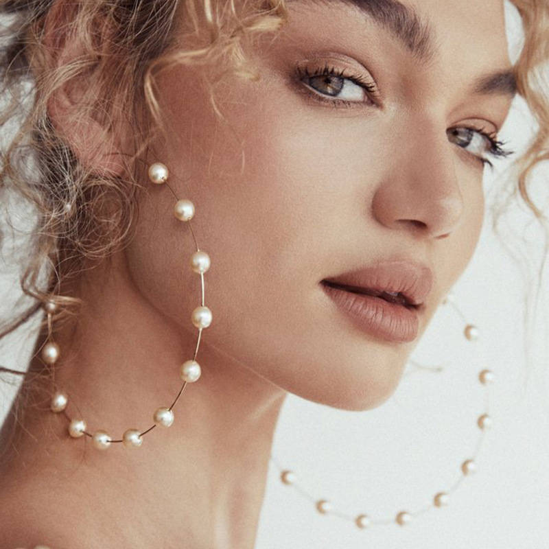Large Hoops Lightweight Pearls Thin Dangle Earrings-Silver