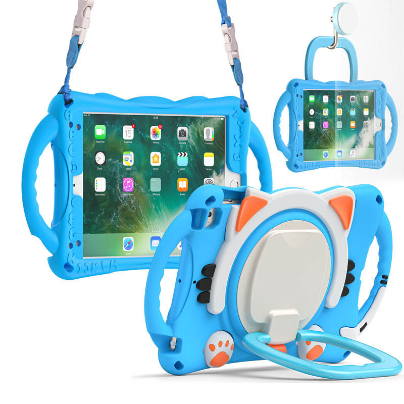 CatB Silicone Case For iPad Mini 5 4 3 2 1 Shockproof Shoulder Strap Handle Stand-Light Blue