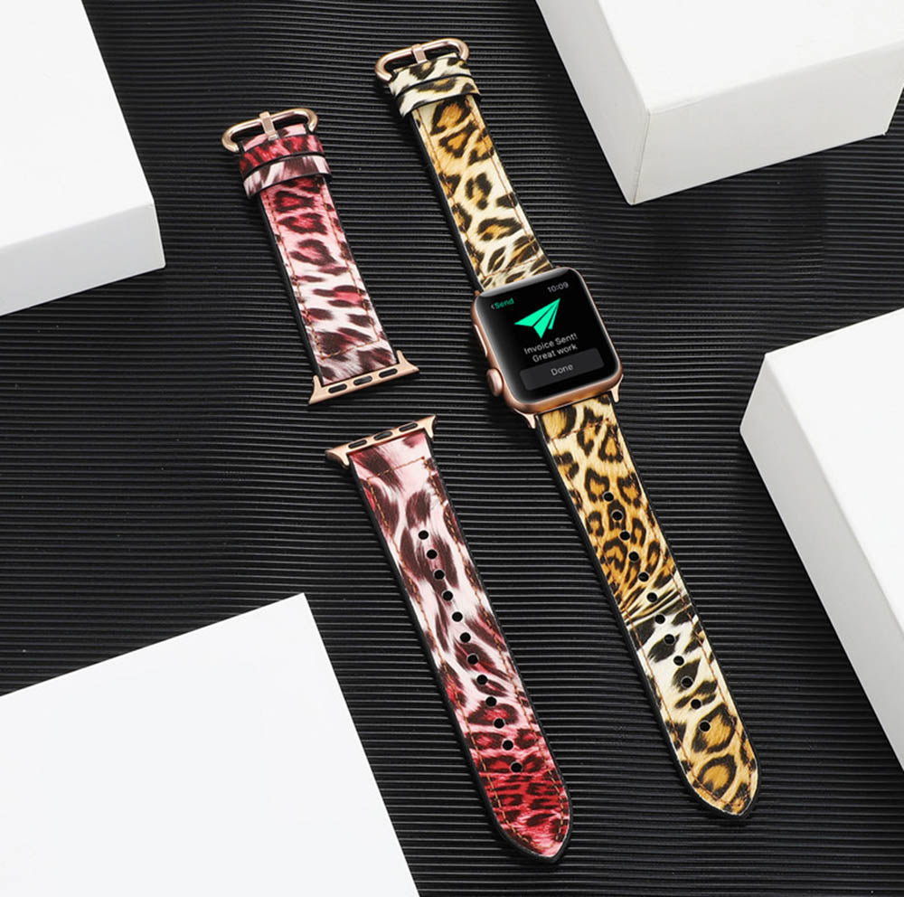 Fluorescent Leopard PU Leather Watch Band Microfiber Design For Apple Watch SE/6/5/4/3/2/1(Glod)
