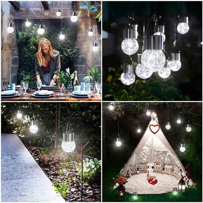 12-Pack Cracked Glass Ball Light Hanging Solar Lights Outdoor Solar Powered Waterproof Globe Lighting with Handle -Cool White