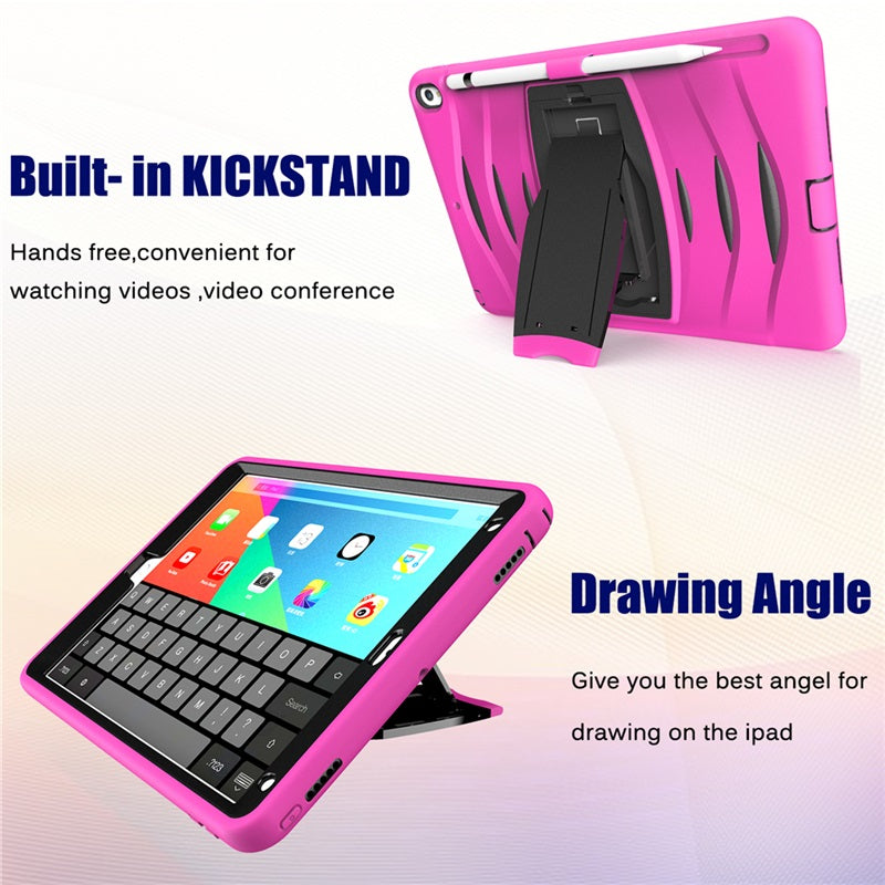 Shock Wave Kickstand Case Anti-Fall Protection With Pencil Holder For 10.5inch iPad Air3/iPad Pro10.5-Rose Red