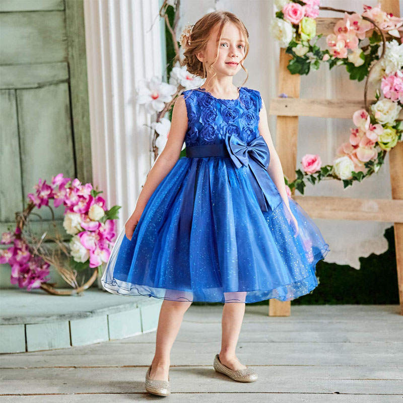 Girl Sleeveless Lace 3D Flower Tutu Holiday Princess Wedding Dresses-Deep Blue