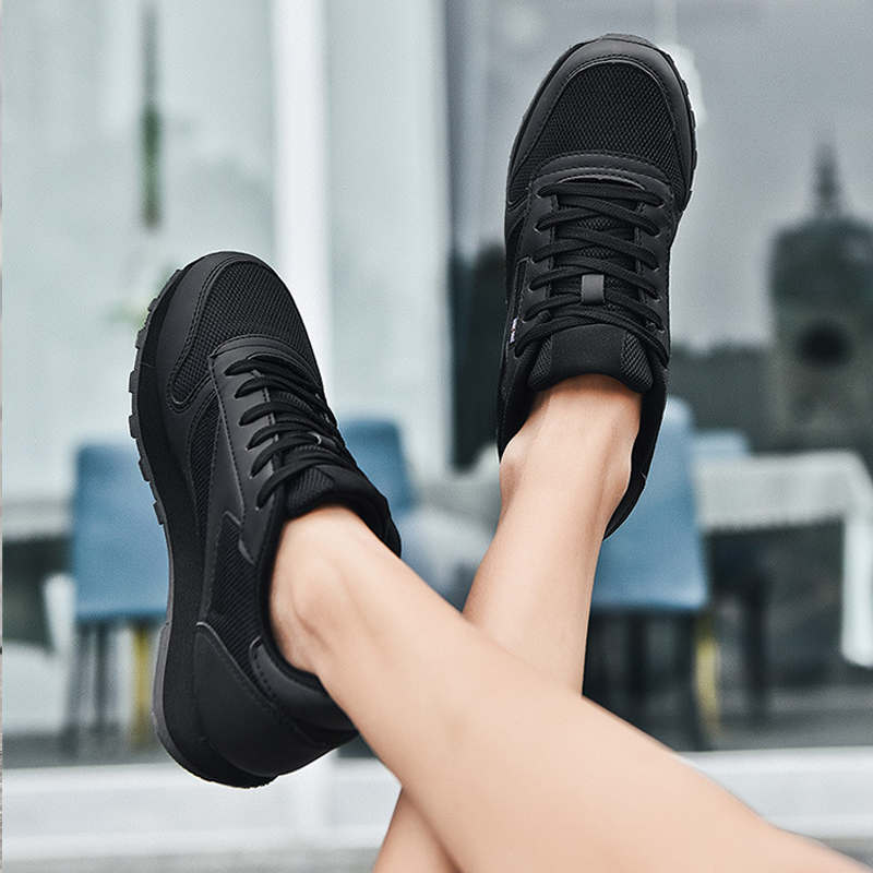 Couples Leather and Mesh Sneakers Lace up Lightweight Cushioned Sport Shoes-Black