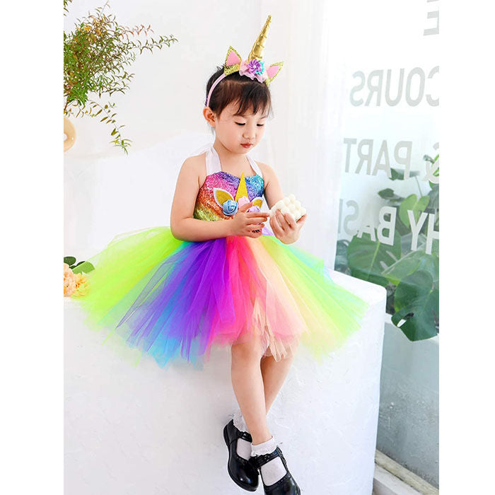 Sequin Unicorn Dress for Girls with Gold Headband Birthday Easter Gifts Dance Dresses-Rainbow