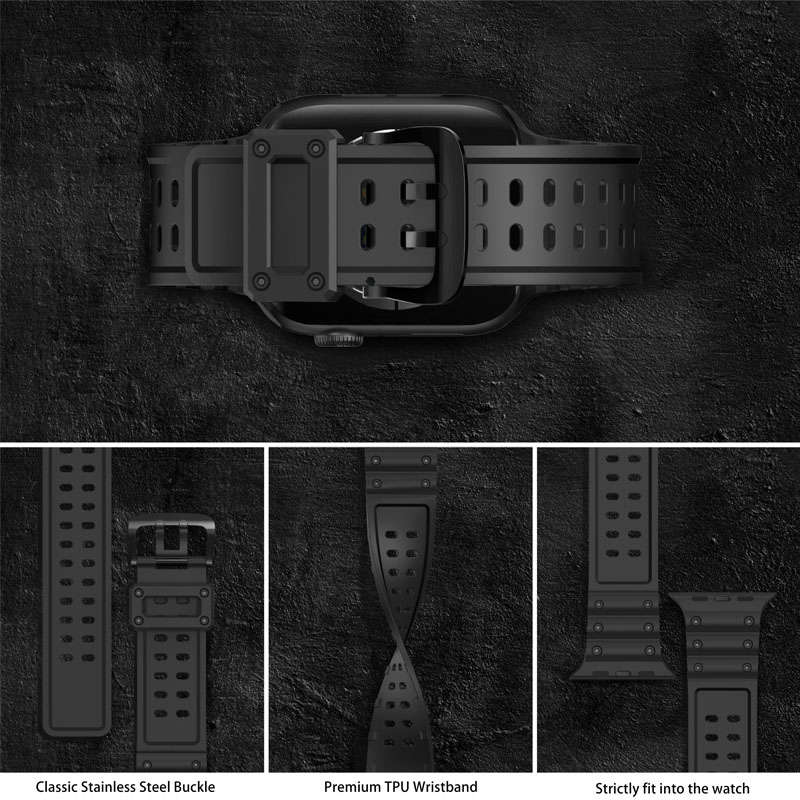 Shockproof Silicone WatchBand Double Breasted Straps for iWatch-Black