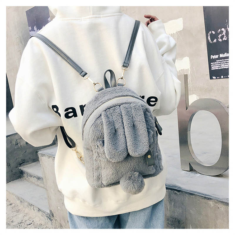 Women Cute Rabbit Ears Backpack Fluffy School Bag Satchel-Grey