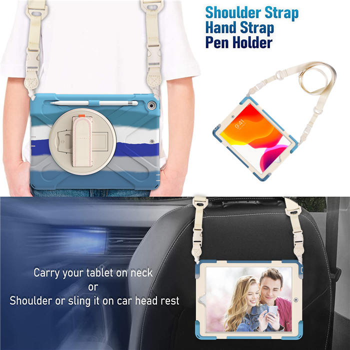iPad Case With Pencil Stand+Rotating Stand+Shoulder Strap For iPad10.2 Inch 2020/2019-Blue