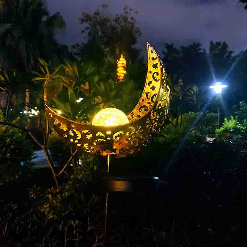 2 Pack Garden Metal Moon Weatherproof Solar LED Decorative Lamp with Warm White Spherical Lamp Post Suitable for Lawn Courtyard Courtyard