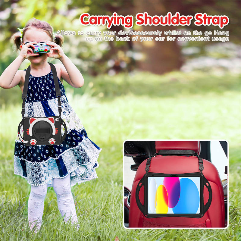 Cat Tablet Case For iPad 10th Rugged with Shoulder Strap-BlackRed