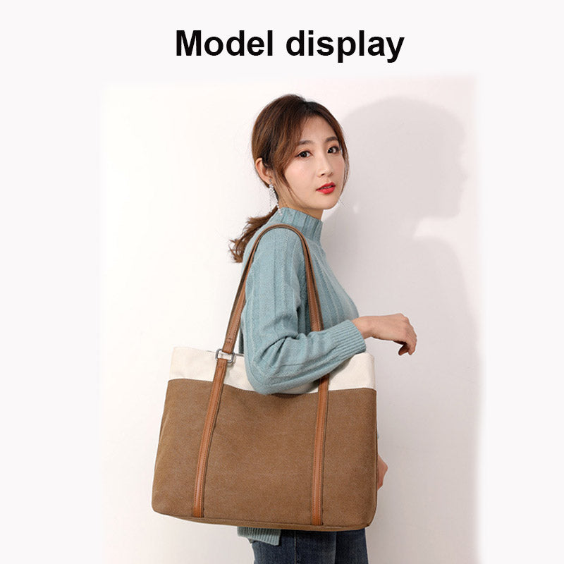 Womens Canvas Shoulder Bag Simple High Capacity Totes for Work Travel-Brown