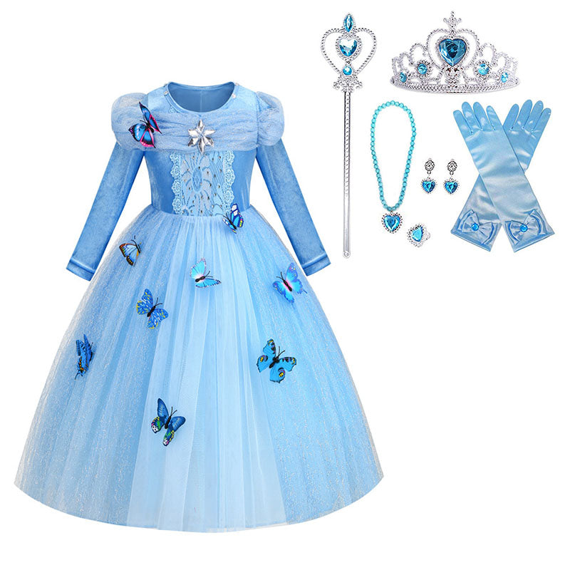 Girls Princess Dress with Accessories Butterflies Tulle Long Sleeve Gown-Blue