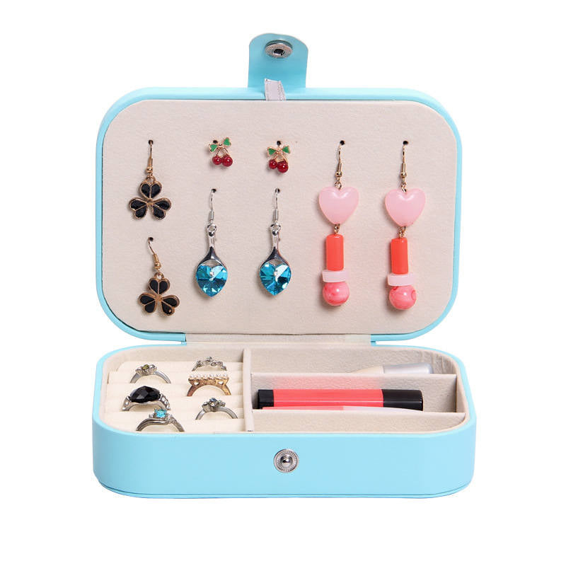 Jewelry Box PU Leather Small Portable Travel Case 2 Layers Display Storage Box-Blue