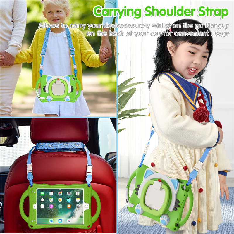 CatB Silicone Case For iPad Pro 9.7 inch Air1/2 Shockproof Shoulder Strap Handle Stand-Green