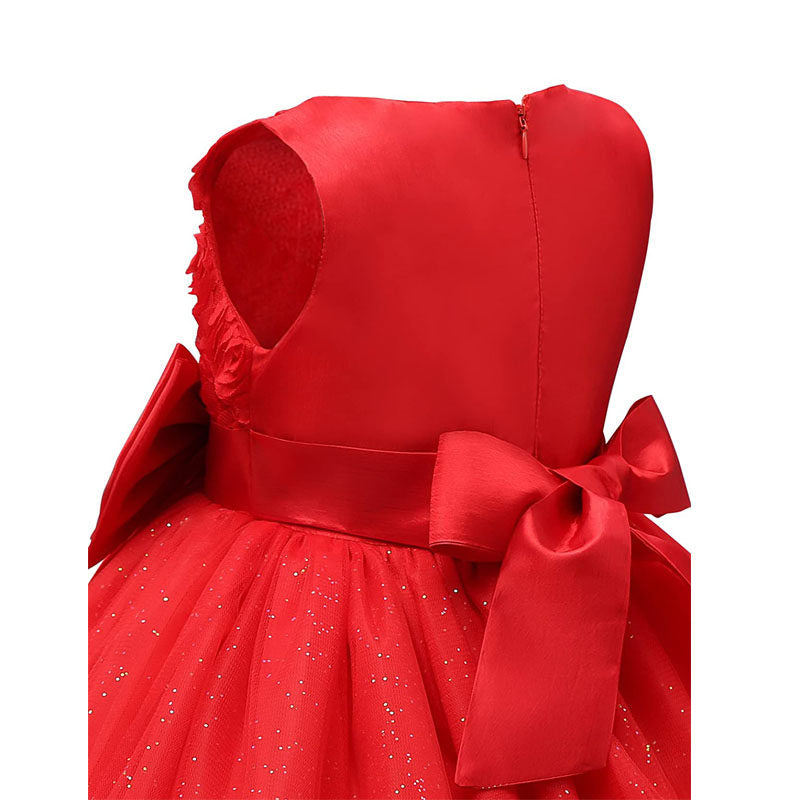 Girl Sleeveless Lace 3D Flower Tutu Holiday Princess Wedding Dresses-Red