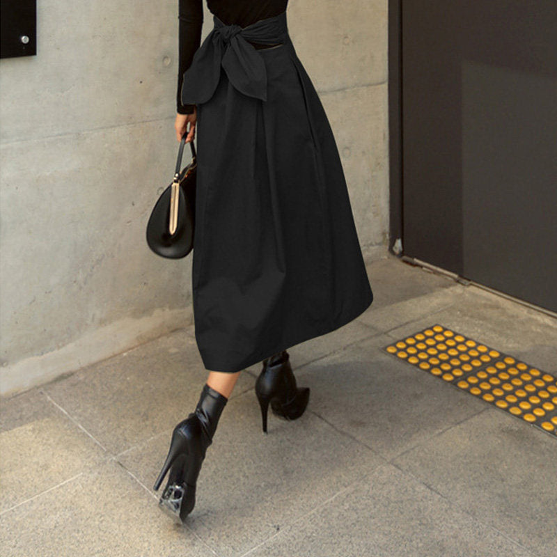 Womens Elegant High Waist Bowknot Skirt Back Tie Long Dress-Black