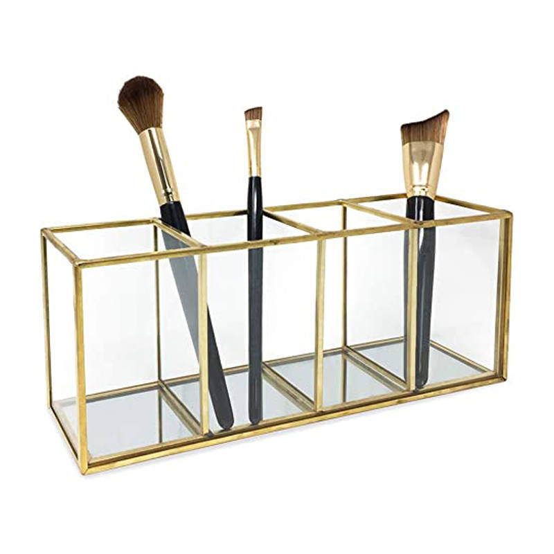 4-Compartment Organizer Vintage Brass and Glass Storage Makeup Brush Holder