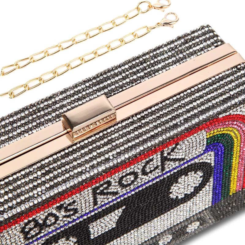 Women Retro Radio Shape Crossbody Bag Rhinestone Metal Vintage Clutch Purses-Black