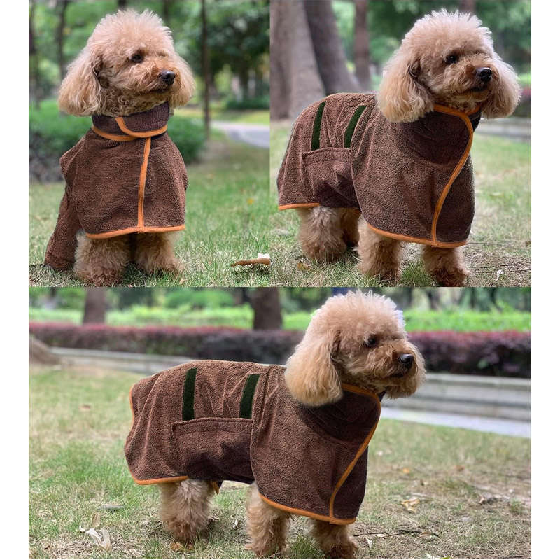 Dog Bathrobe Microfibre Fast Drying Towel Adjustable Collar Waist-Coffee