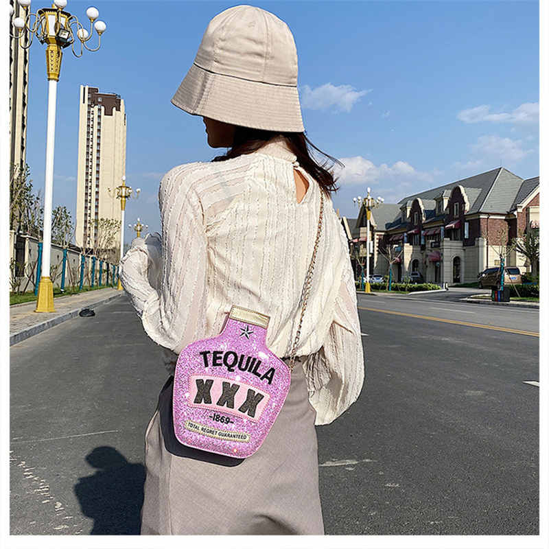 Tequila Bottle Shaped Laser Shoulder Handbags PU Crossbody Purse for Women-SequinPink