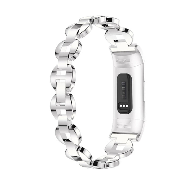 DH Stainless Steel White Diamond+Blue Diamond Watch Band Adjustable Replacement Wristband For Fitbit Charge 2/3 For Women-Silver