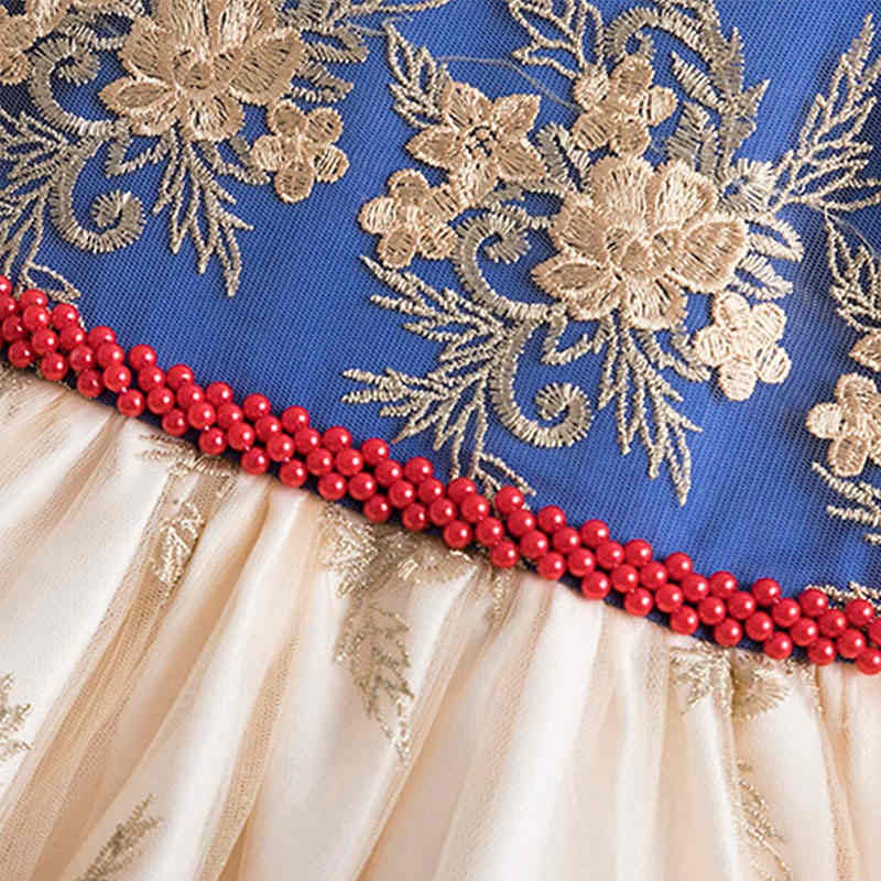 Girl Flower Lace Printed Cotton Elegant Tulle Bow Belt Princess Dress-Red