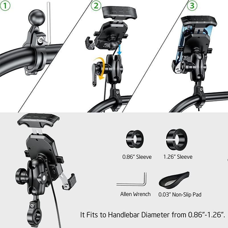 Anti-Theft Motorcycle Wireless Phone Mount Charger Works with 12V/24V Vehicle-Handlebar
