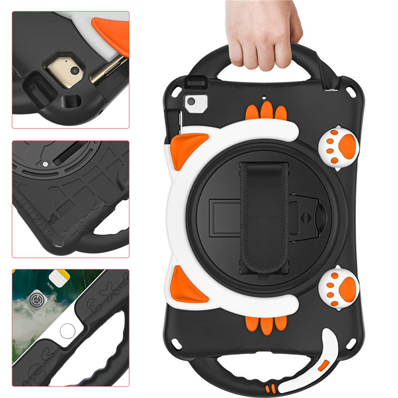 CatA iPad Silicone Case For iPad Mini 5 4 3 2 1 Built-in Handle Stand With a Strap-Black Orange