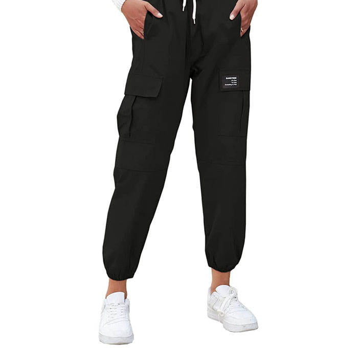 Girls Joggers Long Pants Pockets Outdoor Casual Trousers with Drawstring Multicolor-Black