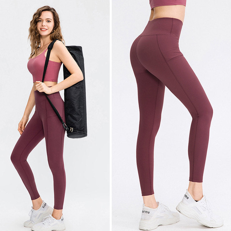 High Waisted Leggings for Women Stretchy Soft Yoga Pants with Pockets-RedBrown