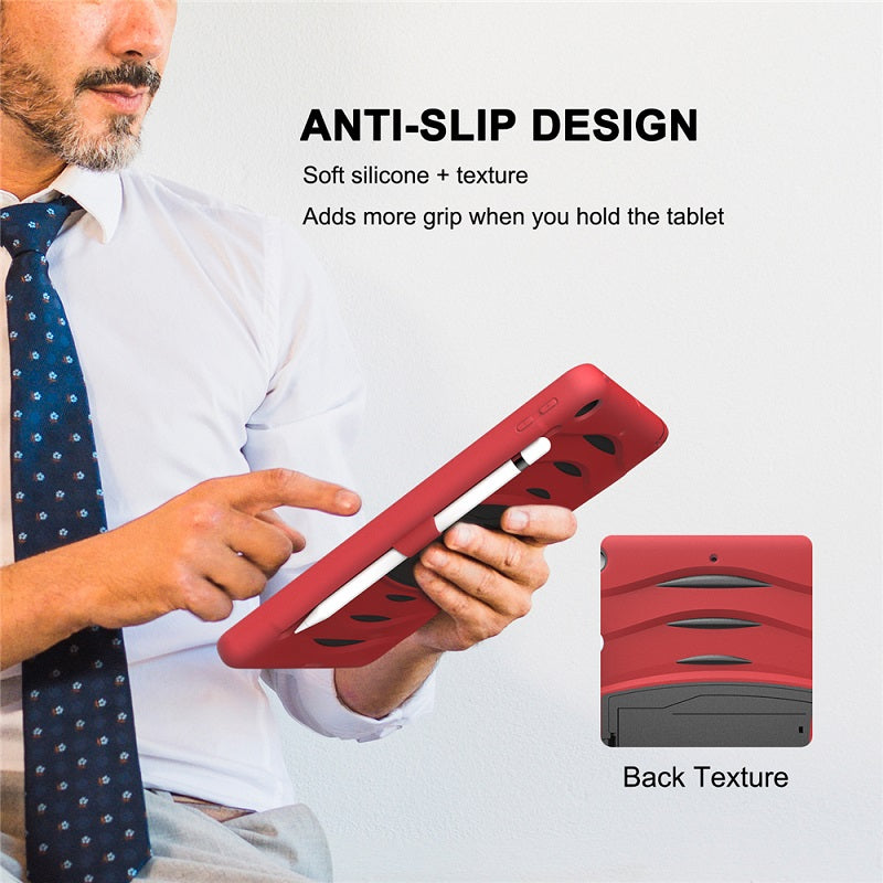 Shock Wave Kickstand Case Anti-Fall Protection With Pencil Holder+Cap For New iPad 7 10.2inch(2019)-Red