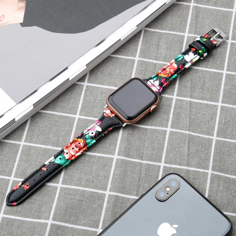 Slim Flower Printed Leather Watch Band For Apple Watch SE/6/5/4/3/2/1(Red Flower)
