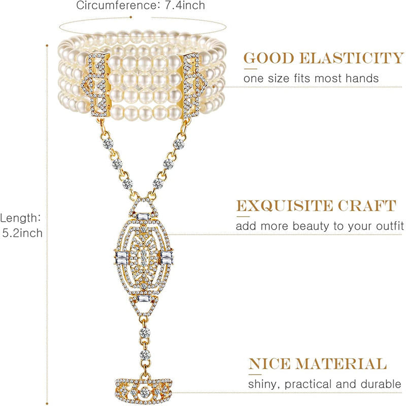 Pearl Crystal Bracelet Ring All-in-one Chain + Layered Pearl Necklace-Gold