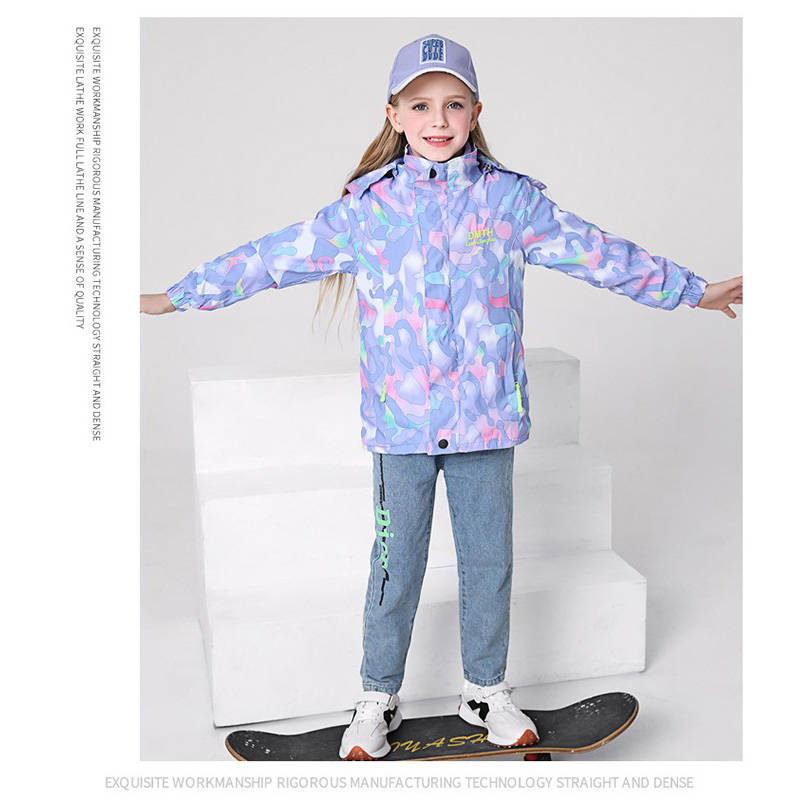 Girls Outdoor Jacket Floral Fleece Removable Light Windproof with Hood-Purple